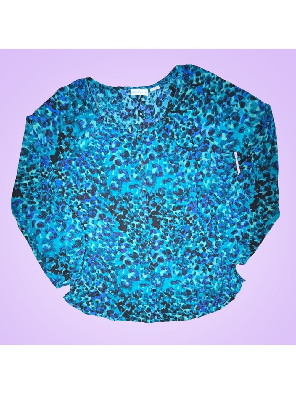 Liz Claiborne Women’s Small Blue Animal Print Roll Tab Sleeve Blouse
